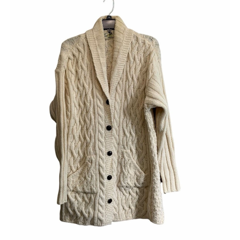 Irish Aran Crafts Large Cable Knit Cardigan Sweater Shawl Collar Alpaca Wool
